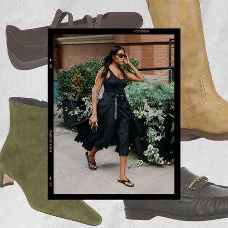 A collage with various shoes as the background and a picture of a woman walking in an all black outfit with flip flops is the center of the image. 