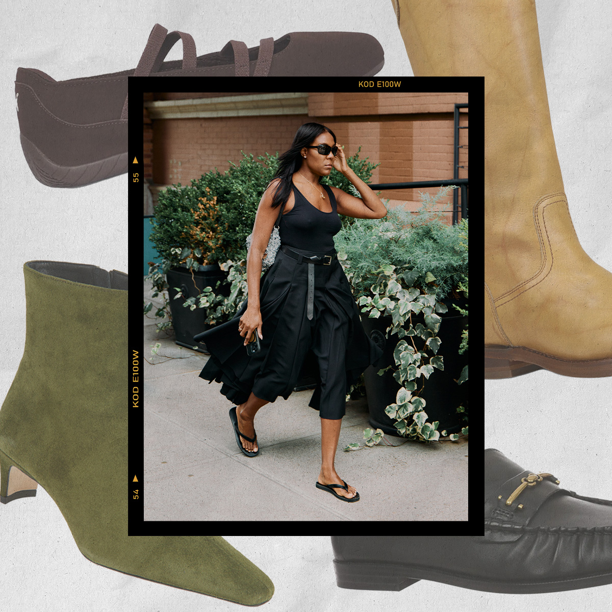 A collage with various shoes as the background and a picture of a woman walking in an all black outfit with flip flops is the center of the image. 