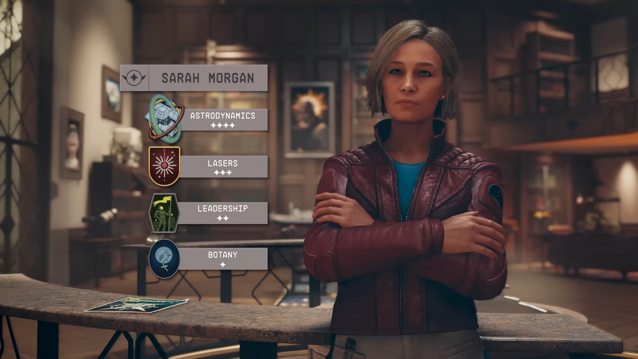 Starfield companions - Sarah Morgan a woman in a leather jacket with short hair next to an overlay showing her skills