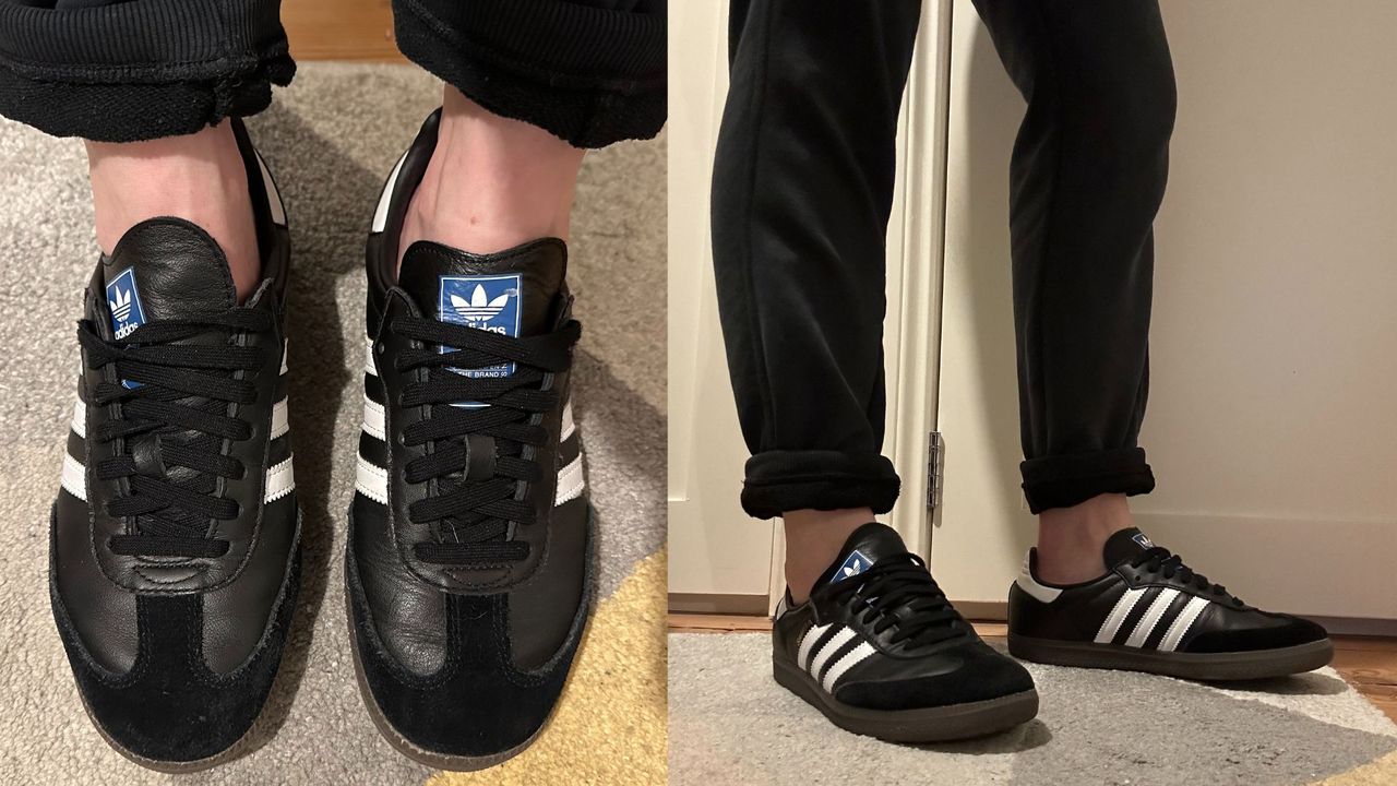 Black and white Adidas Samba trainers being worn, photos taken from the front and side