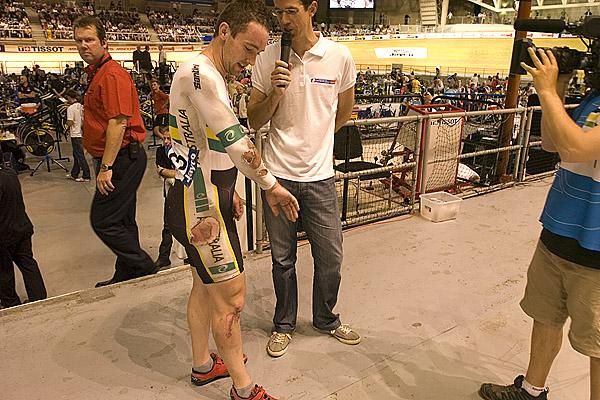 Australian Alex Bird took some bark off when he crashed in the home straight during a round of the keirin.