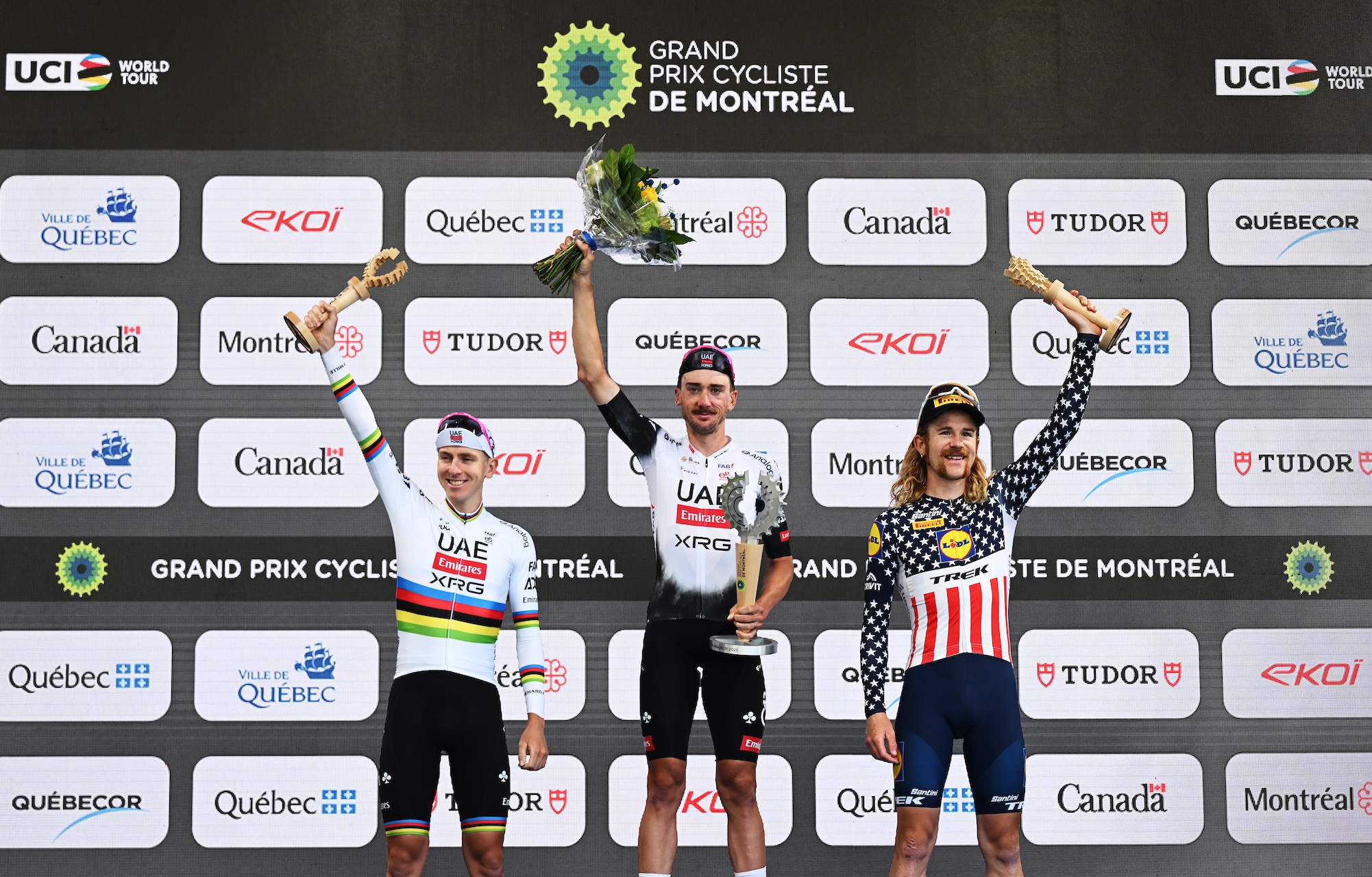 2025 podium at Grand Prix Cycliste de Montr&eacute;al: Tadej Pogačar in second and race winner Brandon McNulty, both of UAE Team Emirates-XRG and Quinn Simmons of Lidl-Trek on third place