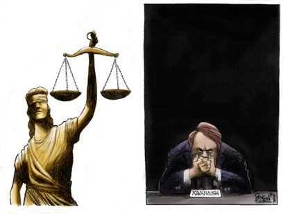 Political cartoon U.S. Brett Kavanaugh hearing Lady Justice