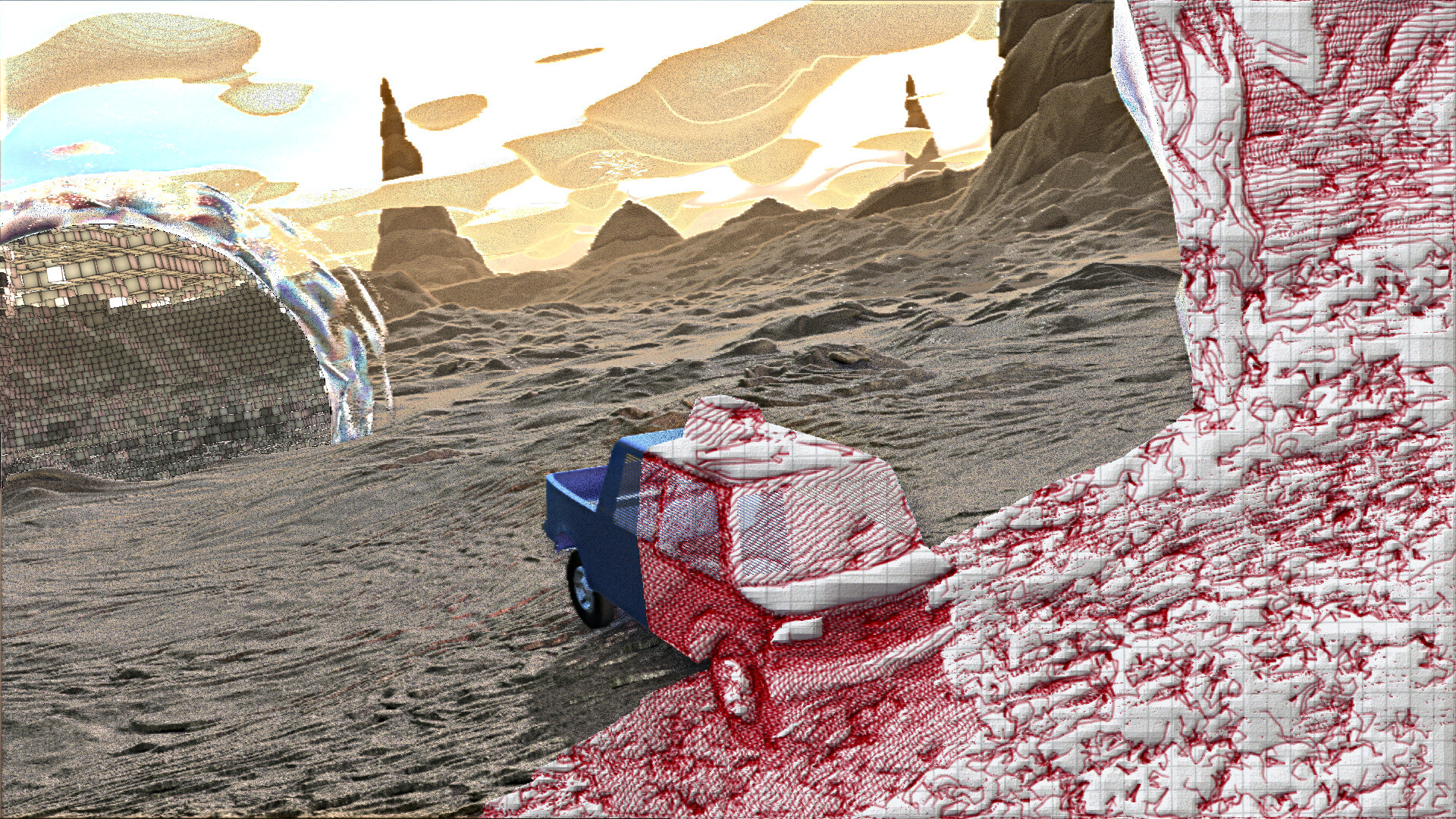 Cars on Mars game showing voxel portal effects
