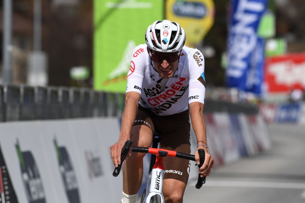FEICHTEN IM KAUNERTAL AUSTRIA APRIL 20 Geoffrey Bouchard of France and Ag2R Citroen Team on arrival during the 44th Tour of the Alps 2021 Stage 2 a 1215km stage from Innsbruck to Feichten im Kaunertal 1291m TourofTheAlps TouroftheAlps on April 20 2021 in Feichten im Kaunertal Austria Photo by Tim de WaeleGetty Images