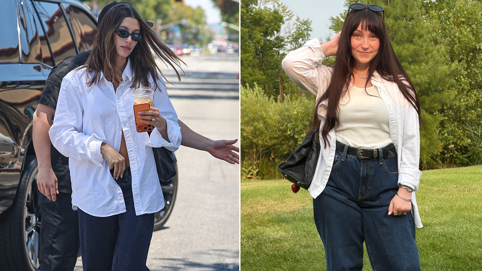 a collage of Meguire Hennes and Hailey Bieber wearing the dark-wash Gap jeans