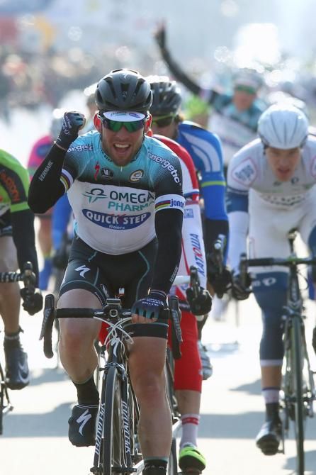 Mark Cavendish (Omega Pharma-QuickStep) celebrates a hard-fought victory.