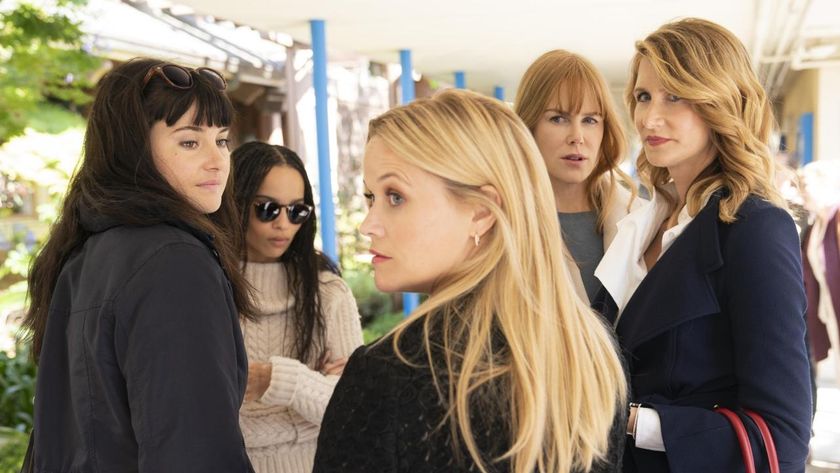 (L-R) Shailene Woodley as Jane Chapman, Zoë Kravitz as Bonnie Carlson, Reese Witherspoon as Madeline Mackenzie, Nicole Kidman as Celeste Wright and Laura Dern as Renata Klein huddle conspiratorially in Big Little Lies, season 2 