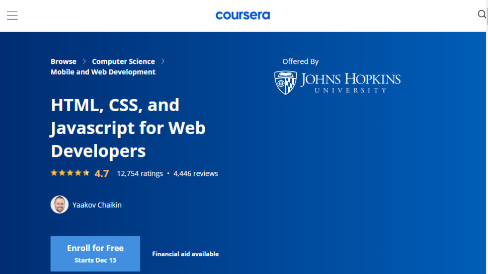 Capture d'écran du site Web de Coursera