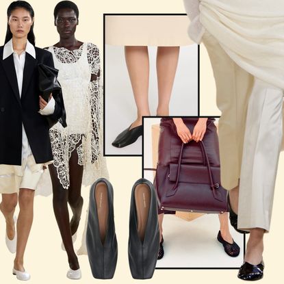 collage of women wearing high-vamp flats; spring 2026 runways of Toteme, spring 2026 collections of Staud, shoes from Mansur Gavriel 