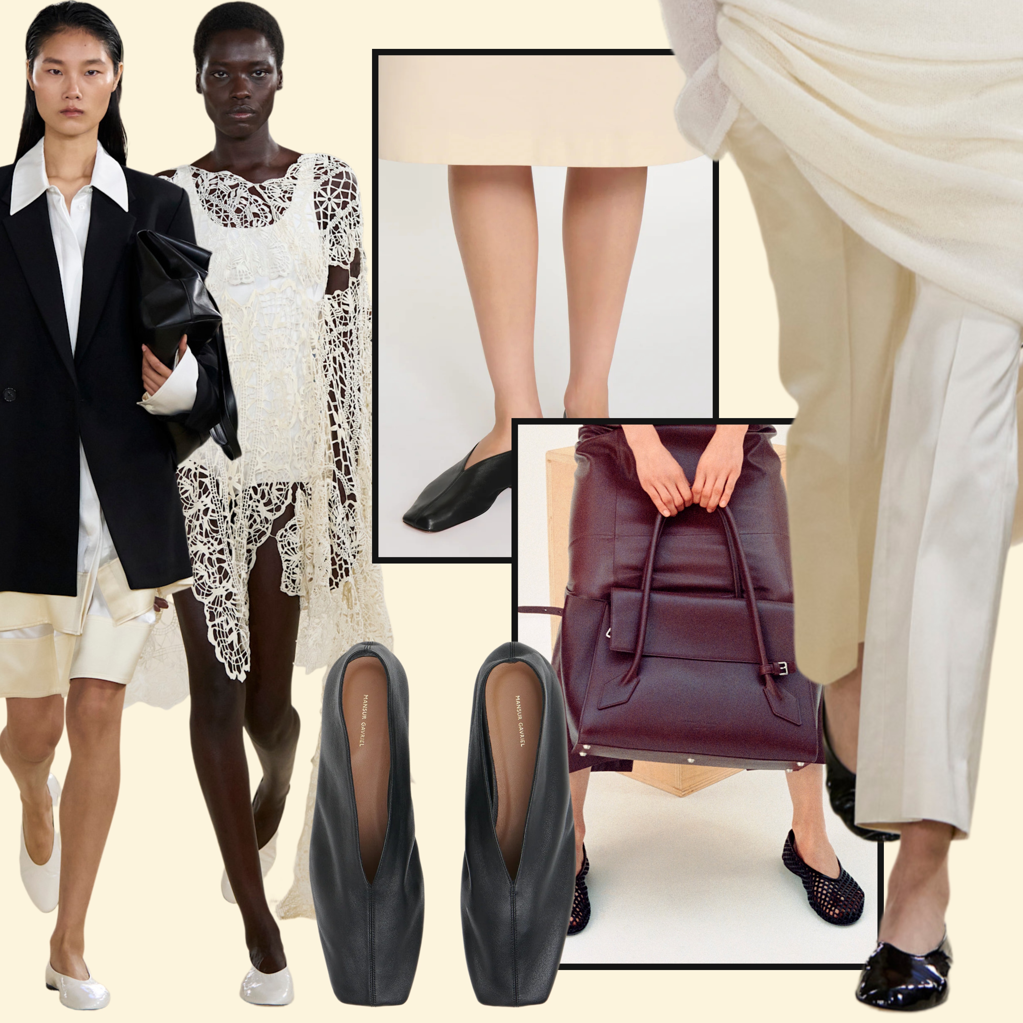 collage of women wearing high-vamp flats; spring 2026 runways of Toteme, spring 2026 collections of Staud, shoes from Mansur Gavriel 