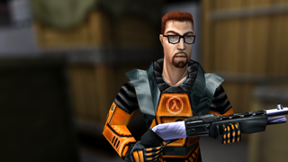 An image of Gordon Freeman from Half-Life, dressed in an orange HEV hazmat suit and wielding a shotgun. He is standing in front of a blurred, industrial background.