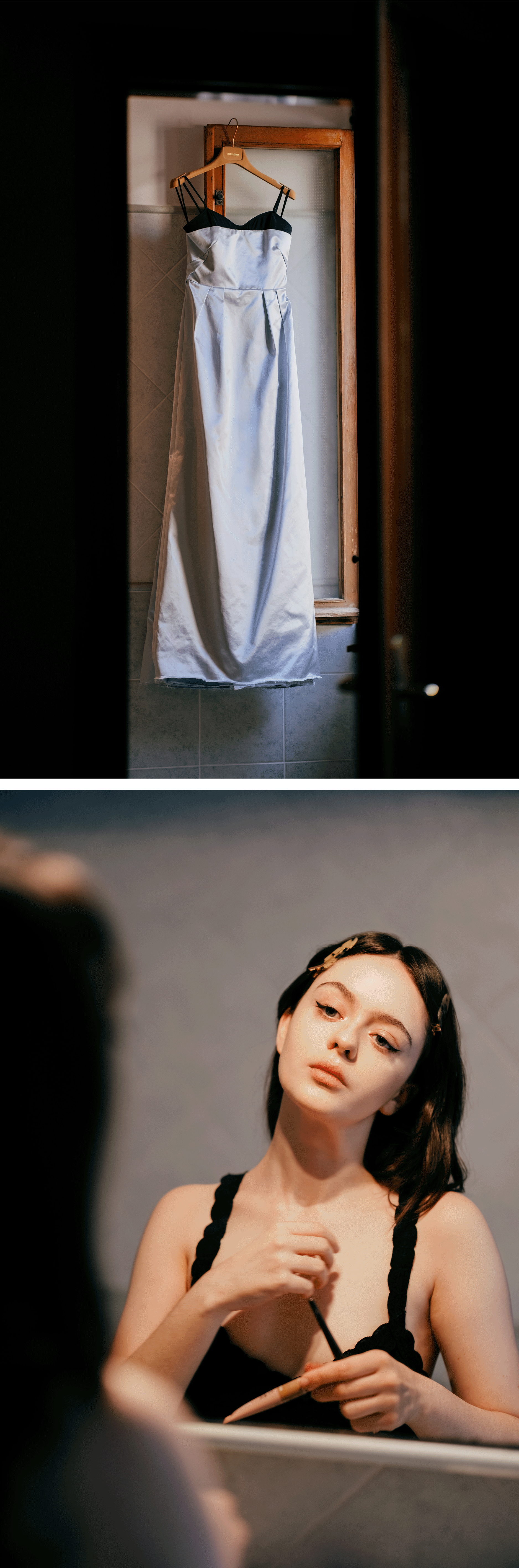 Top: Images of Viola Prettejohn&#039;s Miu Miu gown on a hanger and her Miu Miu clutch sitting on a chair. Bottom: Viola Prettejohn does her own makeup for the premiere of The Testament of Ann Lee.