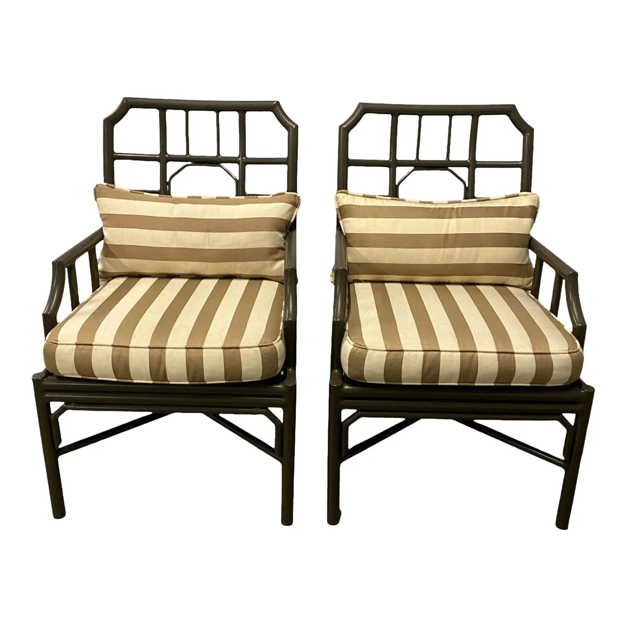 Vintage Outdoor Metal Armchairs With Striped Fabric - Set of 2