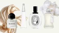 A collage of 'airy perfumes' featured in this roundup, including product shots of Byredo's Blanche, Issey Miyake's L'eau D'issey, Diptyque's L'eau Papier and Parfums de Marly's Valaya, all arranged in a line over the top of a cream background with silk fabric and white flower overlays.