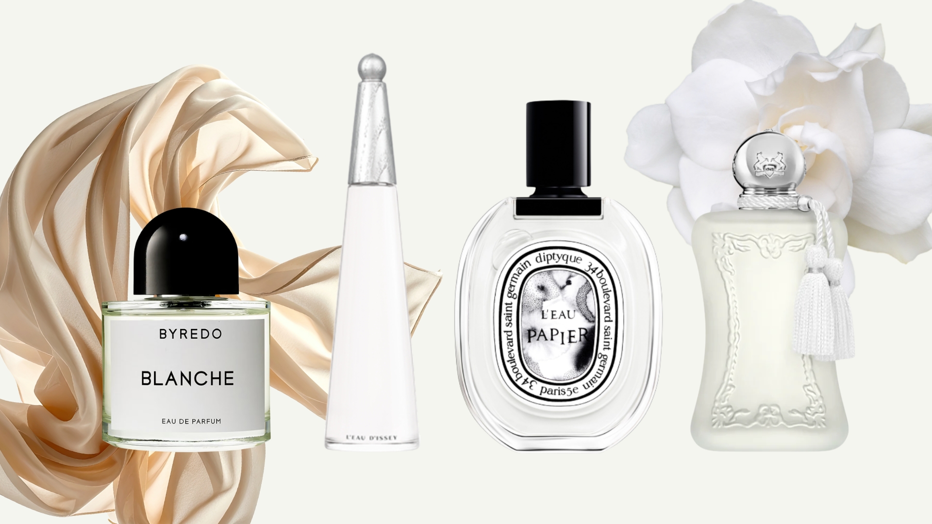 A collage of 'airy perfumes' featured in this roundup, including product shots of Byredo's Blanche, Issey Miyake's L'eau D'issey, Diptyque's L'eau Papier and Parfums de Marly's Valaya, all arranged in a line over the top of a cream background with silk fabric and white flower overlays.