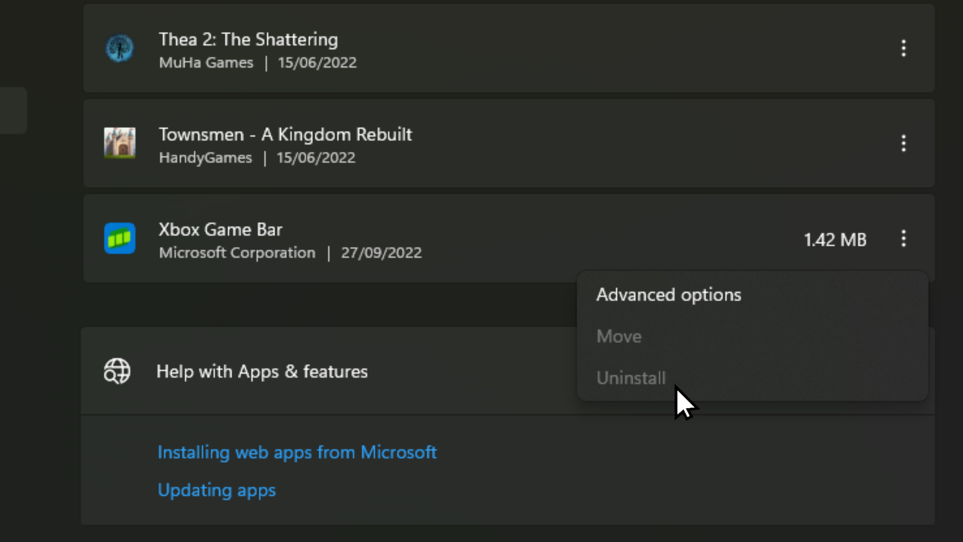 Windows 11 screenshot trying to uninstall Xbox Game Bar.