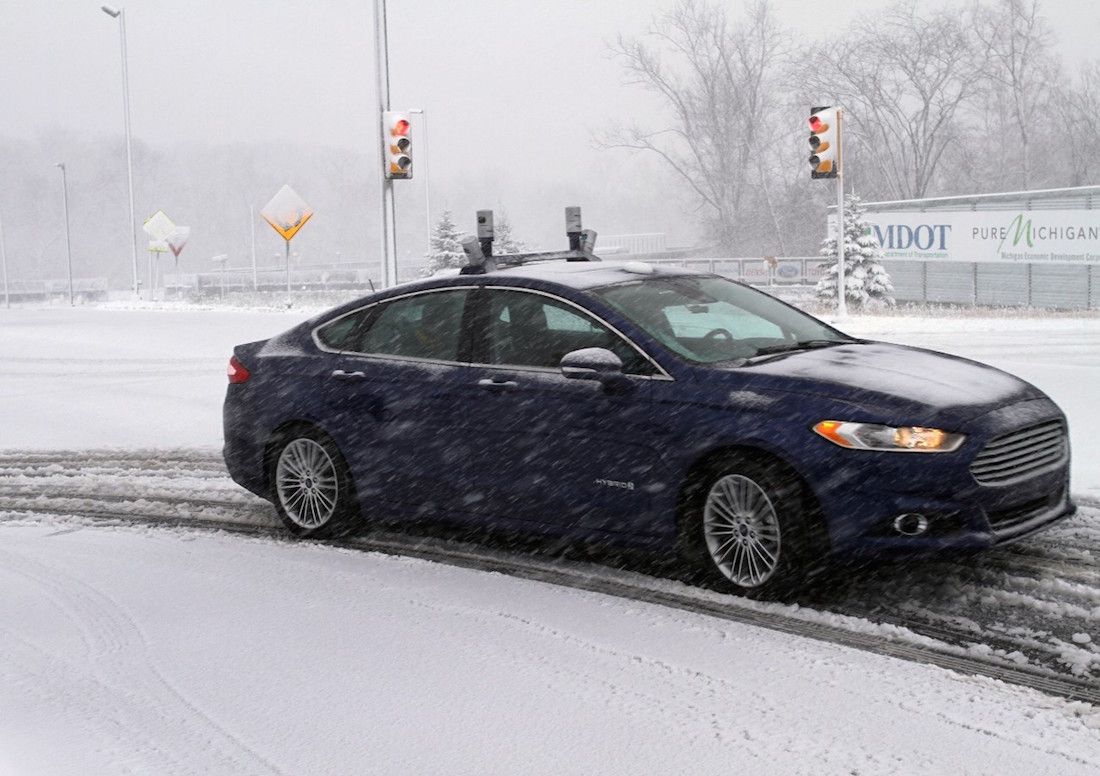 One of Ford&#039;s autonomous vehicles during winter-weather testing in a simulated environment.