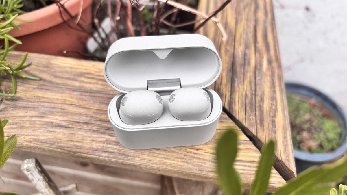 Sony WF-1000XM6 wireless earbuds in grey in their charging case on a wooden surface