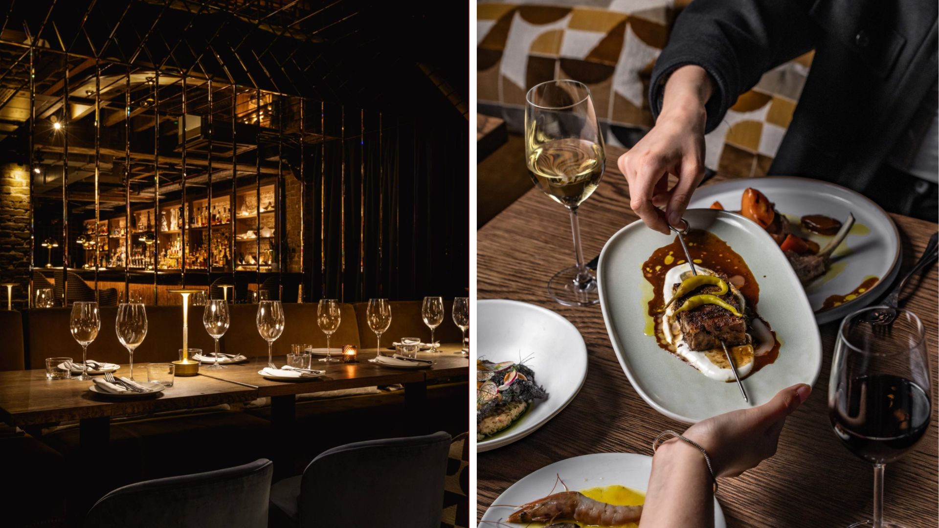 an image of two pictures spliced together. On the left is an image of a table laid ready for service, and on the right is a table with four plates and two glasses of wine