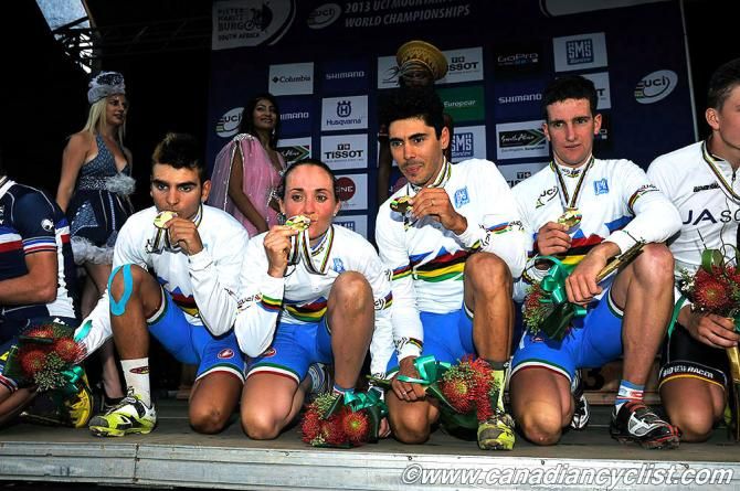 Italy's winning relay team: Gioele Bertolini, Eva Lechner, Marco Fontana and Gerhard Kerschbaumer