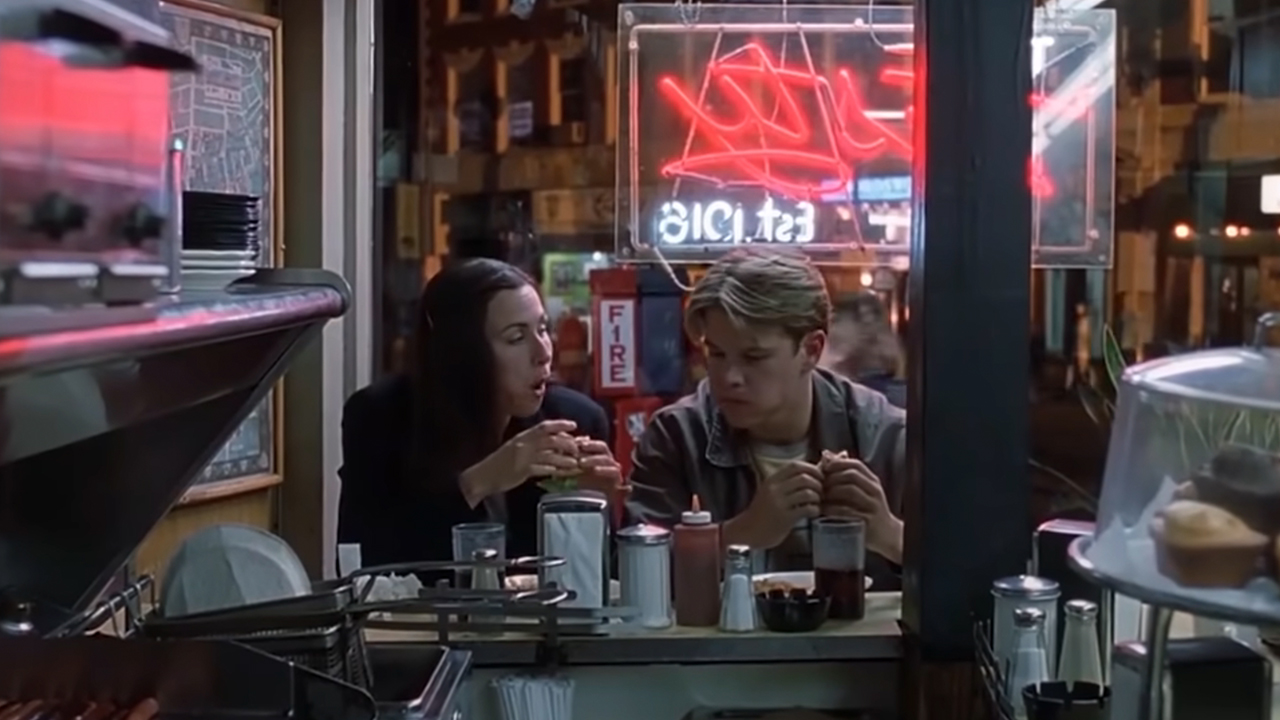 Minnie Driver and Matt Damon sitting at a counter, eating, at the Tasty in Good Will Hunting