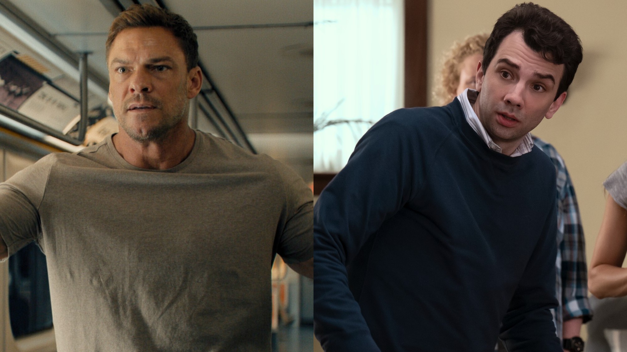From L to R: Alan Ritchson looking concerned in Reacher and Jay Baruchel looking concerned in Fubar. 