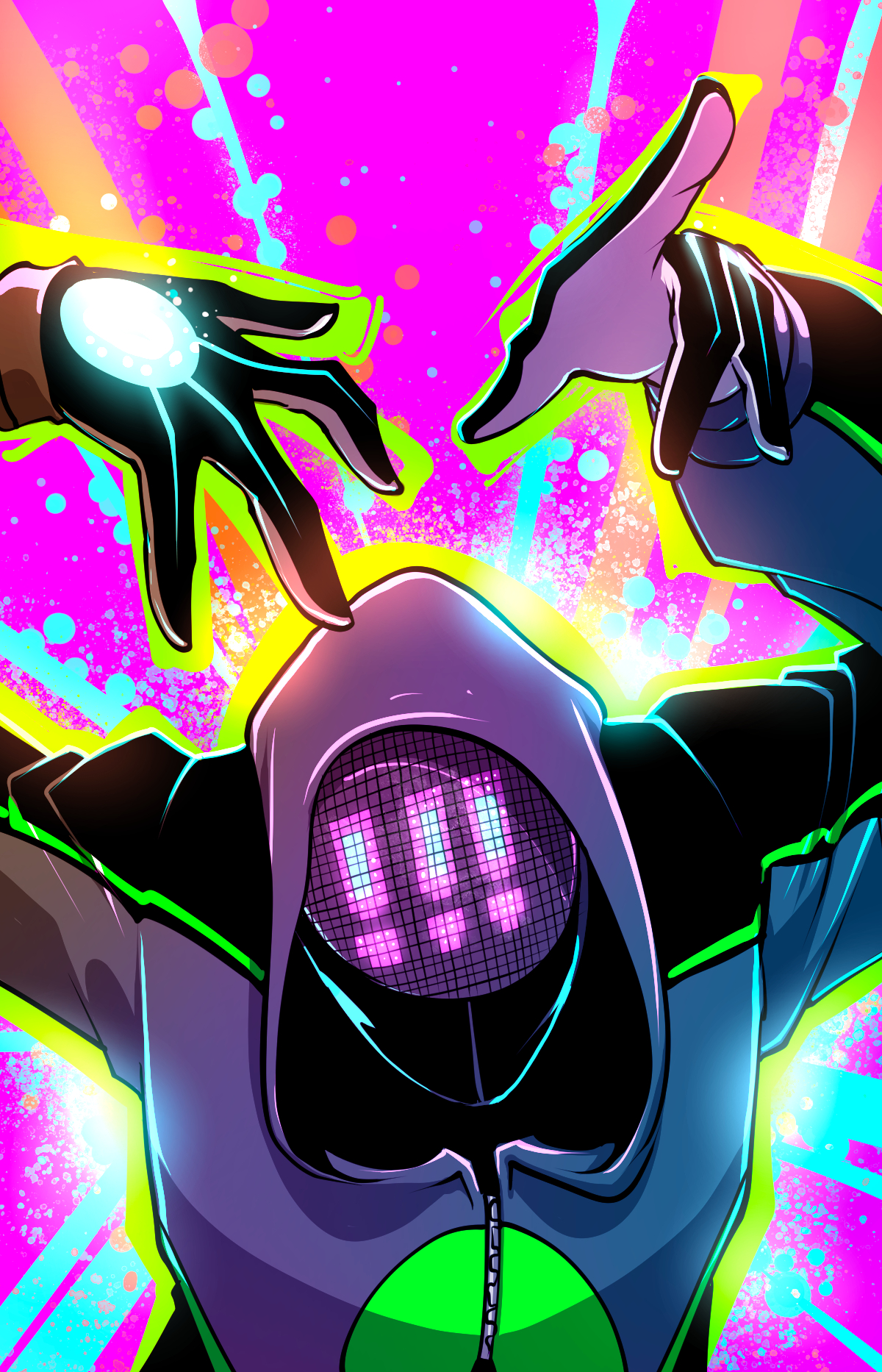 A hooded Hacker with three exclamation marks on their face shell holds up their hands against a pink, blue, and orange background