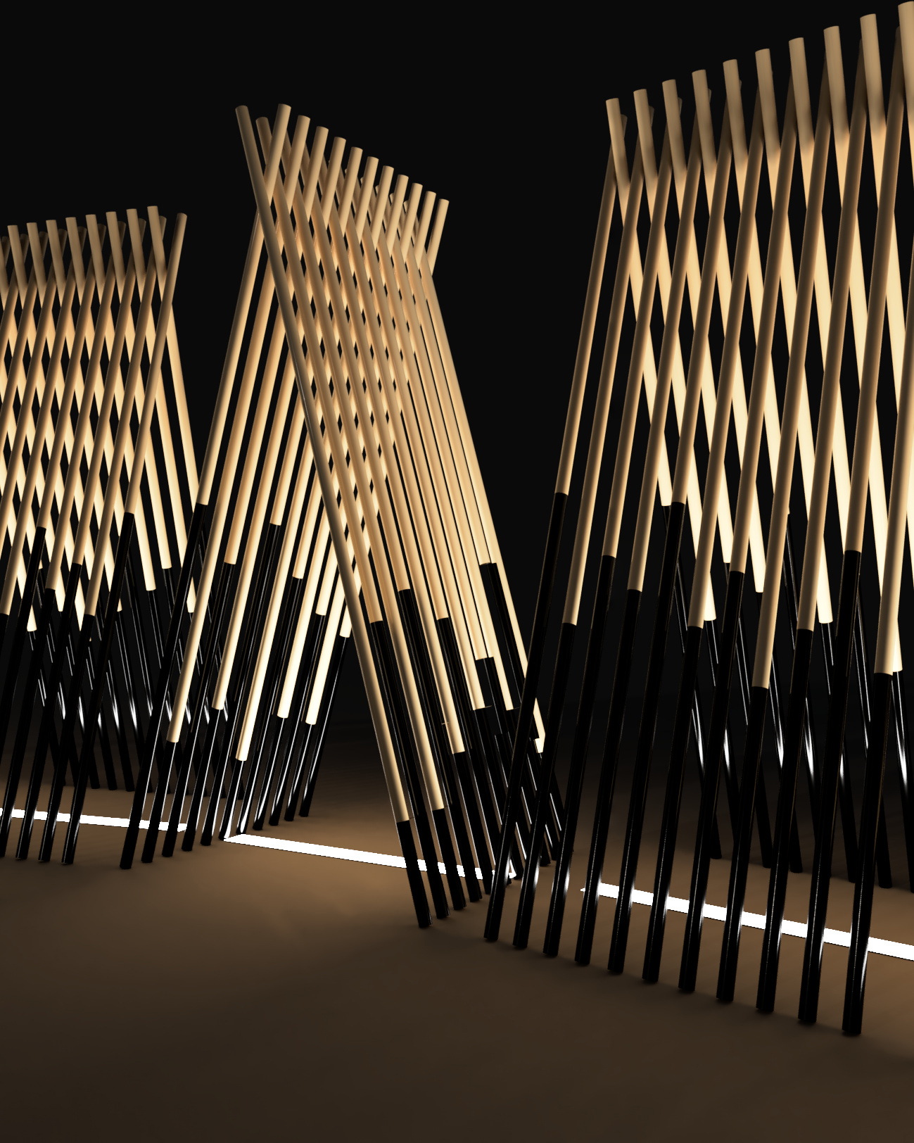 black and natural amboo rods crossed to create tent-like structures