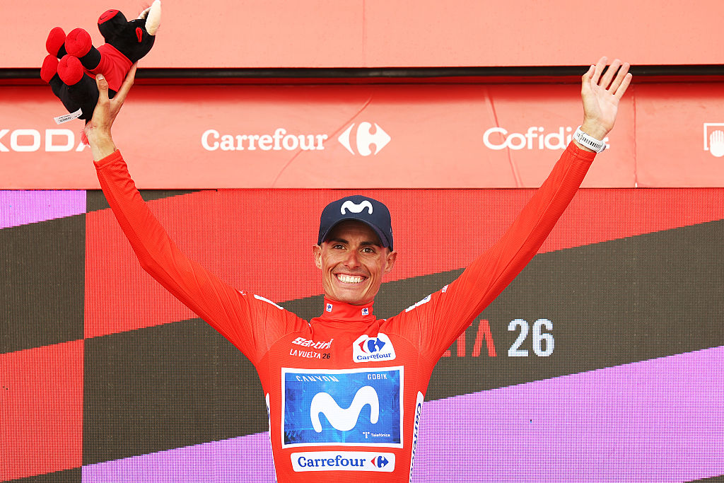 SEVILLA, SPAIN - SEPTEMBER 09: Enric Mas of Spain and Movistar Team celebrates at podium as Red Leader Jersey winner during the La Vuelta - 81st Tour of Spain 202, Stage 17 a 185km stage from Dos Hermanas to Sevilla / #UCIWT / stage from on September 09, 2026 in Sevilla, Spain. (Photo by Alexander Hassenstein/Getty Images)
