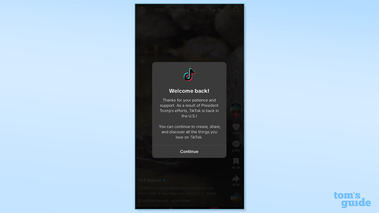 A pop-up on the TikTok app which reads: &amp;quot;Welcome back! Thanks for your patience and support. As a result of President Trump's efforts, TikTok is back in the US! You can continue to create, share and discover all the things you love on TikTok.&amp;quot;