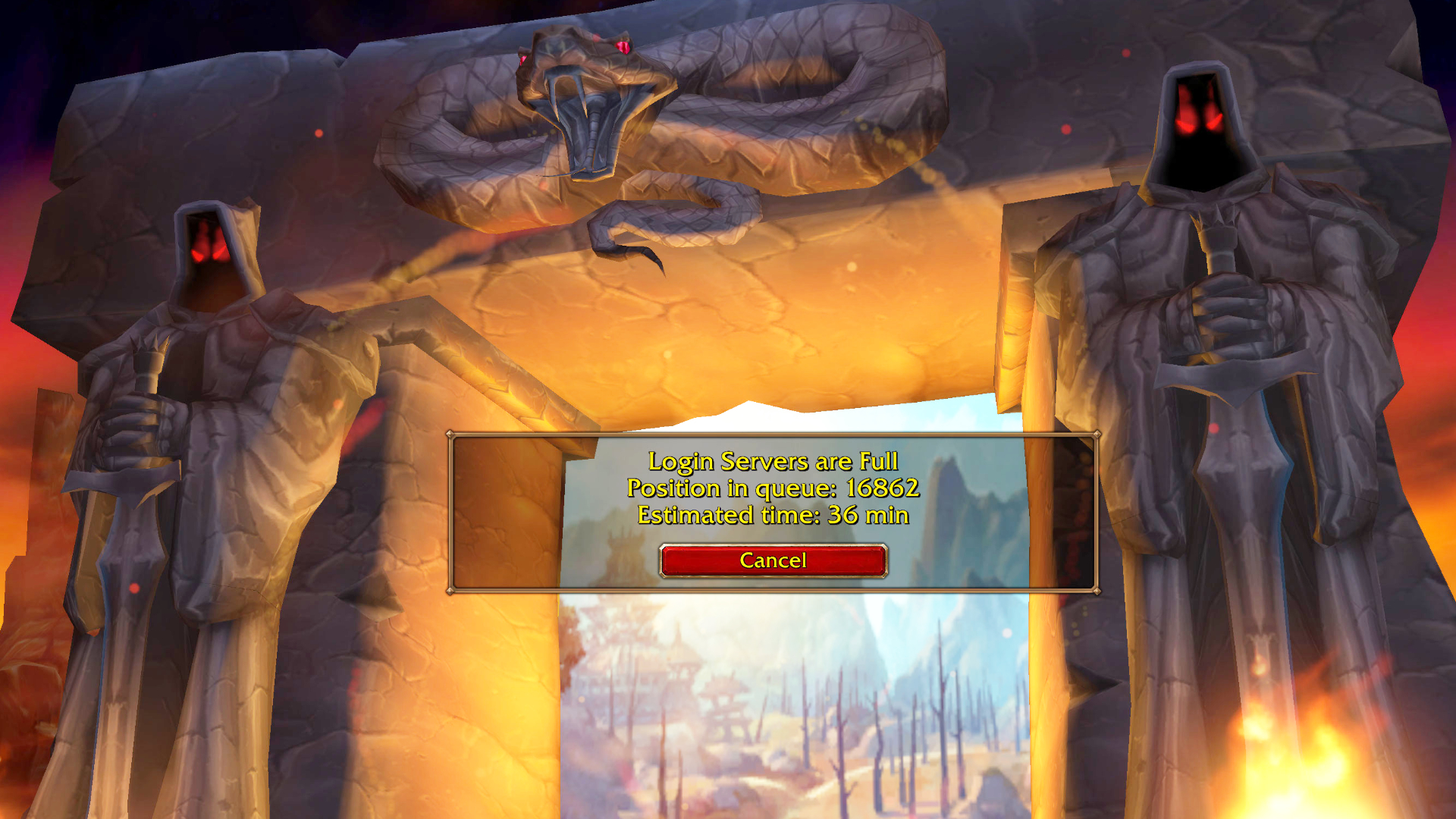 A screenshot of the World of Warcraft: Forever login screen. A massive stone portal sits int he background while a window with a 36-minute queue time is counting down above it.