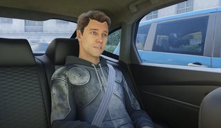 Rideshare Stimulator trailer screengrab showing a man in the backseat of a car.