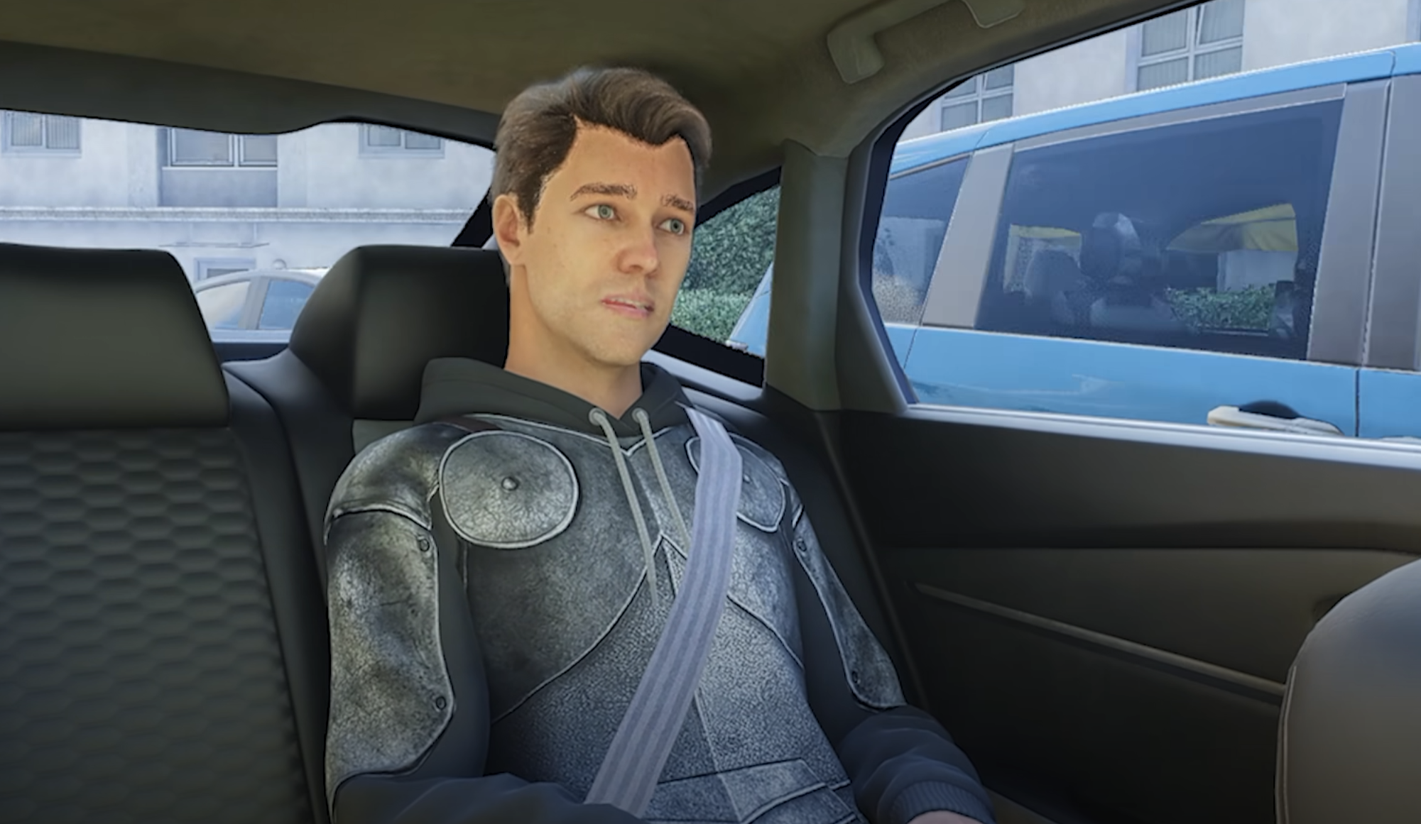 Rideshare Stimulator trailer screengrab showing a man in the backseat of a car.