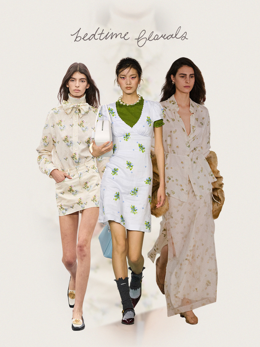 Spring 2026 print trends are shown in a collage of runway images, featuring three models walking down the catwalk wearing the bedtime floral print trend. On the left, a model is wearing a floral-print bow-tie blouse and matching miniskirt with black-and-white loafers at Dior's spring runway show. In the middle, a model from ShuShu/tong's spring show is wearing a baby-blue floral-print midi dress with a green t-shirt layered underneath, styled with a pearl necklace, a white bowler bag, black-and-gray layered stockings, and black ballet flats. On the right, a model walking in Altuzarra's spring 2026 runway show is wearing a white button-down shirt with a soft floral print, styled with a matching maxi skirt, a faux-fur shawl, and nude mesh ballet flats.