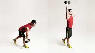 Man performs two positions of the single-leg Romanian deadlift to overhead press combination exercise