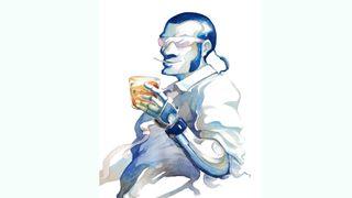 A cyborg in sunglasses holds a drink in his cybernetic hand