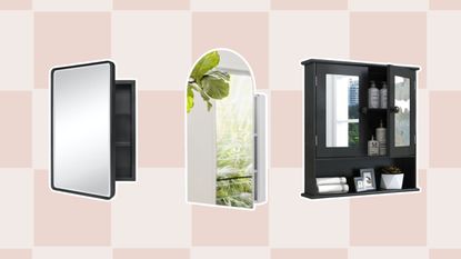 Bathroom mirrors with storage on beige checkered background, one black single mirror, an arched single mirror unit and a black double unit