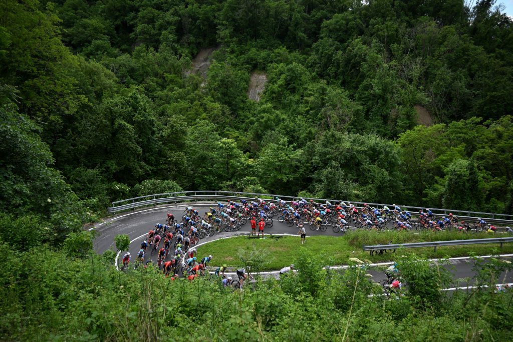 SAPPADA ITALY MAY 24 A general view of the peloton competing during the 107th Giro dItalia 2024 Stage 19 a 157km stage from Mortegliano to Sappada 1236m UCIWT on May 24 2024 in Sappada Italy Photo by Dario BelingheriGetty Images
