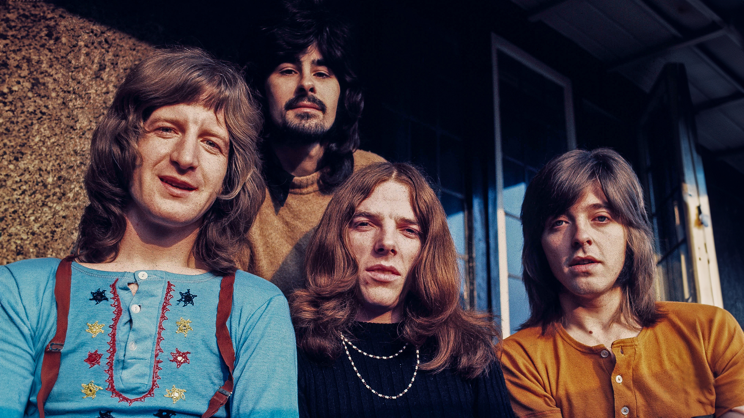 Badfinger group portrait, London, February 1971, L-R Pete Ham, Tommy Evans, Mike Gibbons, Joey Molland.