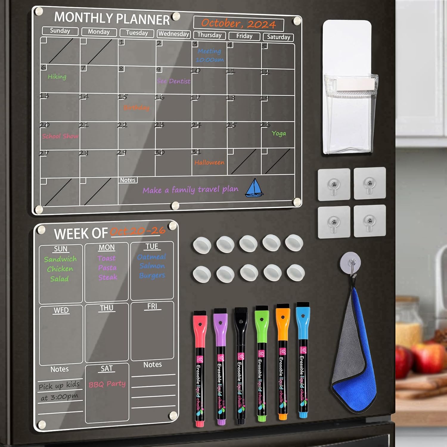 Lisschann Acrylic Magnetic Calendar for Fridge, 2 Pcs Clear Monthly &amp;amp; Weekly Planner Dry Erase Planning Board for Refrigerator, W/ 6 Chalk Markers, Pen Holder, Adhesive Wall Screws and Towel