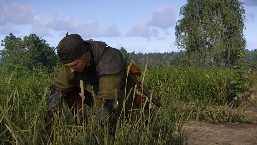 Kingdom Come Deliverance 2 screenshot of Henry picking plants in a field