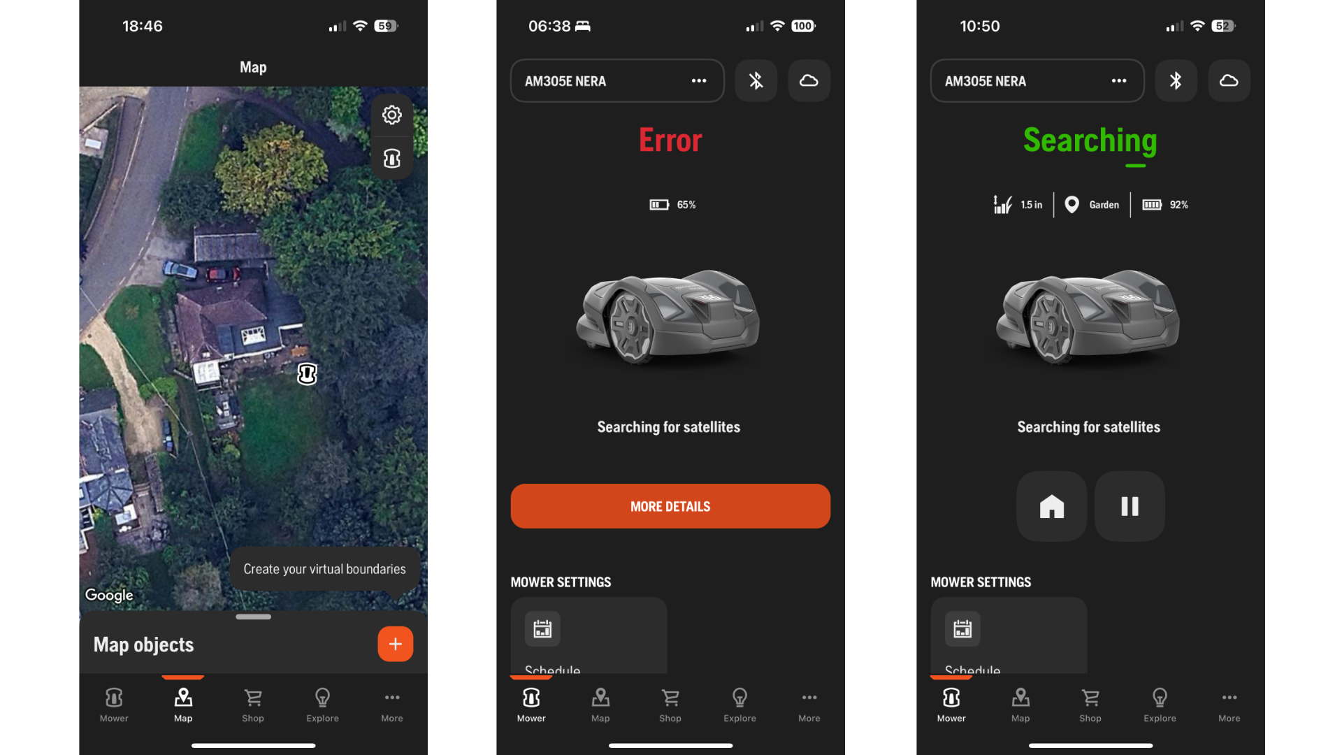 Screenshots from Husqvarna Automower app