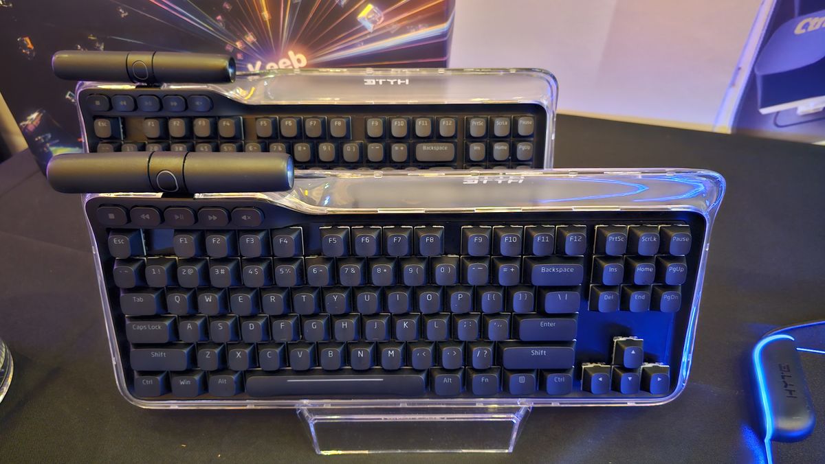 Hyte's Keeb TKL keyboard, synchronized with their Nexus Link software and RGB cooling on the CES 2024 show floor.