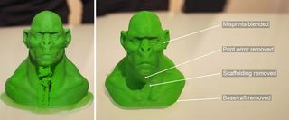 A 3D printed head before (left) and after (right) using the clean-up tool