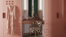A blush walk-in wardrobe with gemoetric wood handles, a patterned dress on a hanger hanging on a cross-shaped knob, and a wood vanity with a mirror, and a cheetah print stool on a round green rug