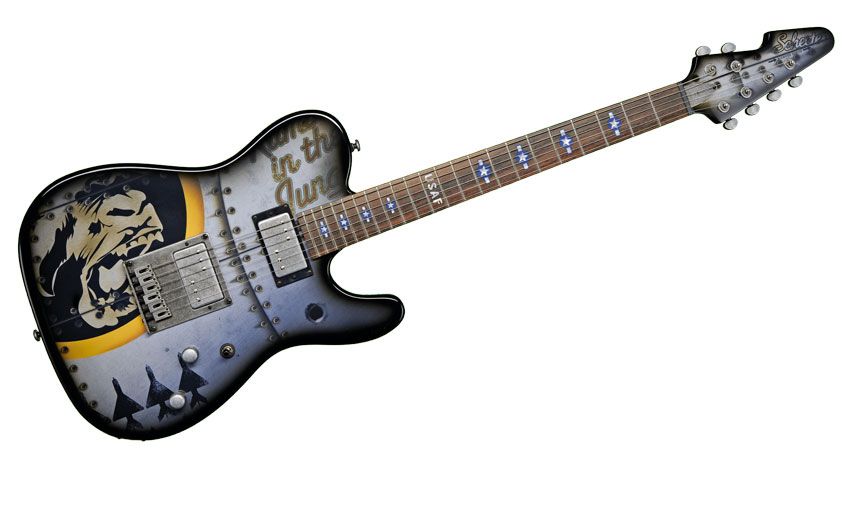 The Top Gun vibe is enhanced by the presence of 'Stars &amp; Bars' and 'USAF' fingerboard inlays