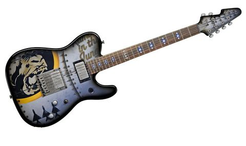 The Top Gun vibe is enhanced by the presence of 'Stars & Bars' and 'USAF' fingerboard inlays