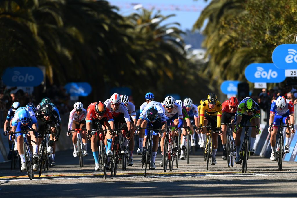 SAN BENEDETTO DEL TRONTO ITALY MARCH 13 LR Kaden Groves of Australia and Team BikeExchange Jayco Alberto Dainese of Italy and Team DSM Phil Bauhaus of Germany and Team Bahrain Victorious Davide Cimolai of Italy and Team Cofidis Giacomo Nizzolo of Italy and Team Israel Premier Tech Edvald Boasson Hagen of Norway and Team Total Energies Olav Kooij of Netherlands and Team Jumbo Visma Clement Russo of France and Team Arka Samsic Alexander Kristoff of Norway and Team Intermarch Wanty Gobert Matriaux and Arnaud Demare of France and Team Groupama FDJ sprint at finish line during the 57th TirrenoAdriatico 2022 Stage 7 a 159km stage from San Benedetto del Tronto to San Benedetto del Tronto TirrenoAdriatico WorldTour on March 13 2022 in San Benedetto del Tronto Italy Photo by Tim de WaeleGetty Images