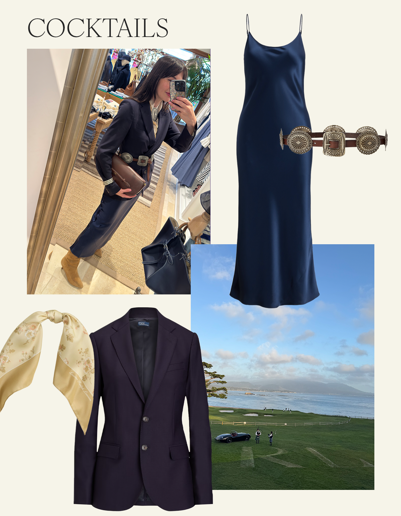 kat collings taking selfie image wearing navy blazer and dress with belt and scarf collaged with a photo of Pebble Beach golf course